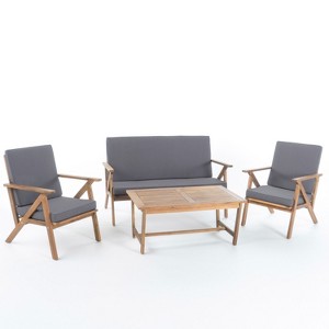 Christopher Knight Home Lissette Outdoor Acacia Wood 4 Seater Chat Set with Cushions, Teak and Dark Gray - 1 of 4