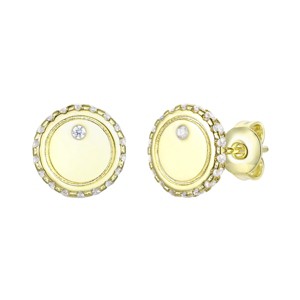 Elegant 14K yellow gold plated button stud earrings with sparkling cubic zirconia pave design and classic push-back closure - 1 of 3