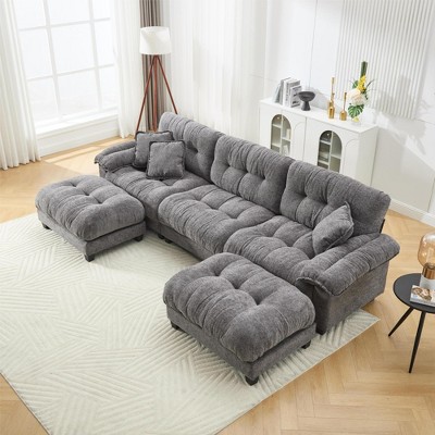 Lounge U-Shaped Sectional Sofaswith Pleated Design and Matching Footstool for Living Room