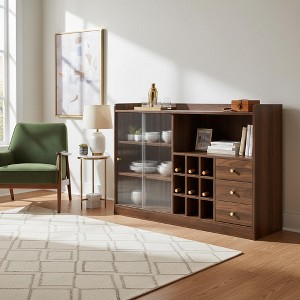 Homy Casa Kitchen Sideboard Buffet Cabinet with Fluted Glass Doors, Drawers, and Wine Storage, Walnut - 1 of 4