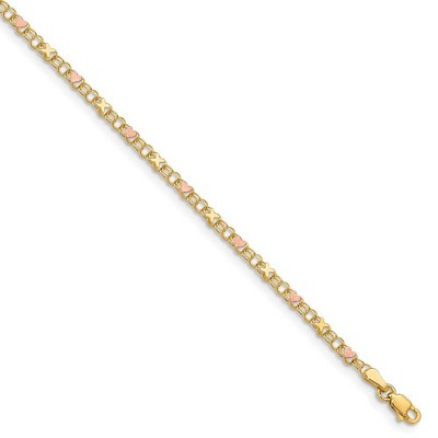 Black Bow Jewelry 14k Yellow Gold And Pink Rhodium Kisses and Hearts Anklet, 10 Inch