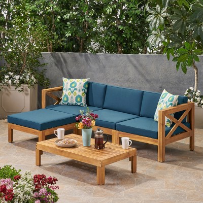 Teak Finish Acacia Wood 5pc Outdoor Sofa Set with Dark Teal Cushions
