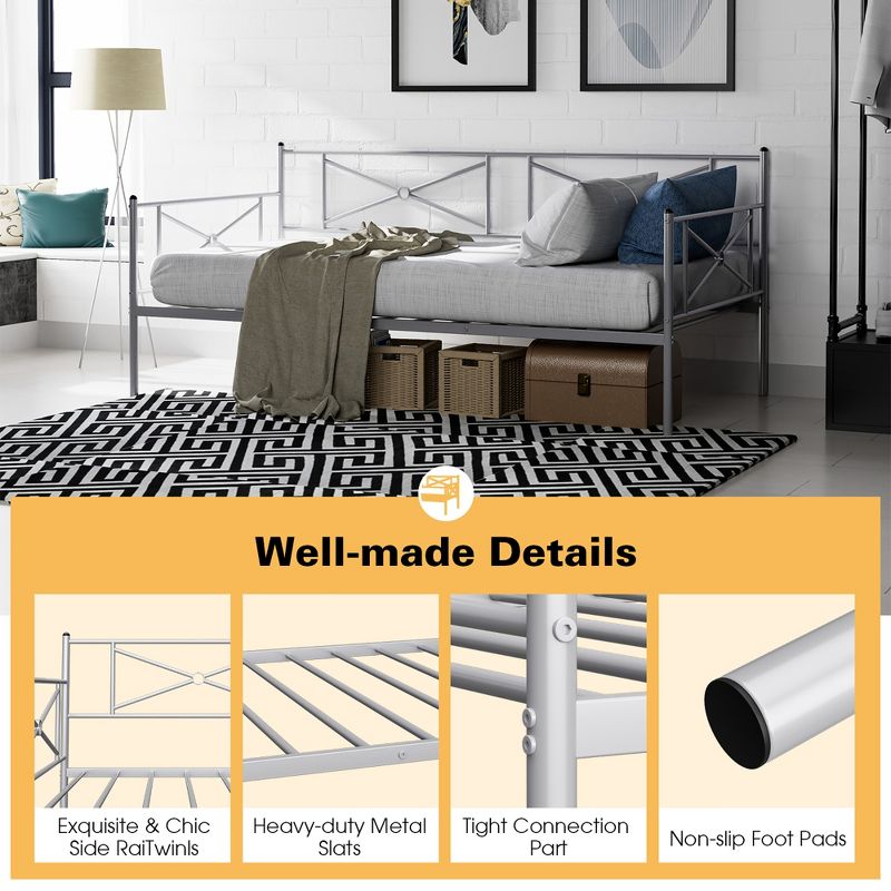 Costway Metal Daybed Frame Twin Size Slat Support Mattress Foundation Living Room White\Black\Silver, 5 of 10