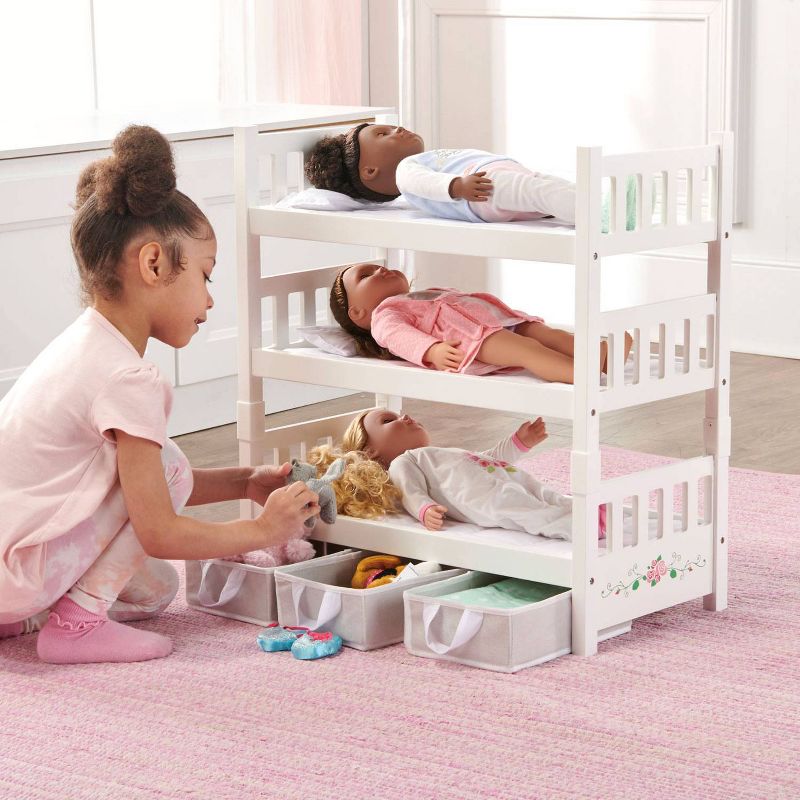 Badger Basket 1-2-3 Convertible Doll Bunk Bed with Bedding and Baskets - White Rose, 3 of 9