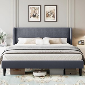 Upholstered King Bed Frame with Wingback Headboard, Velvet Upholstery Platform Bed, No Box Spring Needed, Wood Slats Support, Easy Assembly - 1 of 4