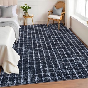 Checkered Rug for Living Room Blue Braided Geometric Print Soft Low-Pile Thin Large Washable Rugs - 1 of 4