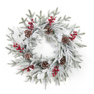 24-inch pre-assembled Christmas wreath with 20 string lights, pine cones, berries and white leaves for a family holiday party
