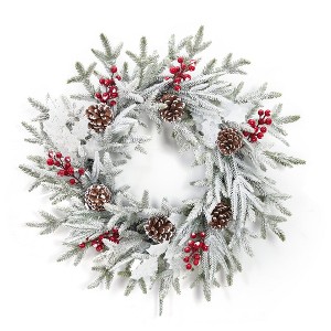 24-inch pre-assembled Christmas wreath with 20 string lights, pine cones, berries and white leaves for a family holiday party - 1 of 4