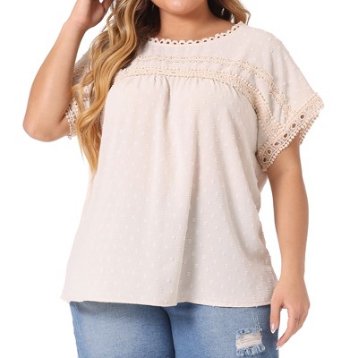 Agnes Orinda Women's Plus Size Swiss Dots Short Sleeve Lace Crochet Chiffon Pleated Casual Blouses