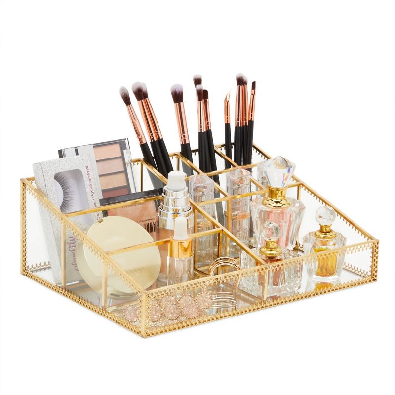 Glamlily Glass Makeup Organizer with Gold Trim, 10 Compartments (10.2 x 7.5 x 3.5 In), 1 of 10