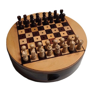 6" Circle WOODEN MAGNETIC Travel Chess Set 