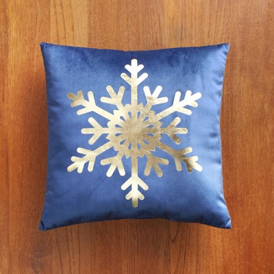 Lakeside Decorative Blue Holiday Accent Pillow with Golden Snowflake Print