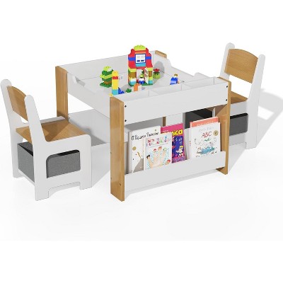 Kids Table and Chair Set - 4 in 1 Wooden Activity Table & 2 Chairs, Storage Drawer, Detachable Tabletop, for Drawing, Reading, Crafts