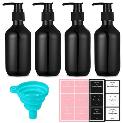 4 Pack 16.9 Oz Black Shampoo Bottle Dispenser, Refillable Shampoo Bottle, Lotion Dispenser with Sticker Funnel