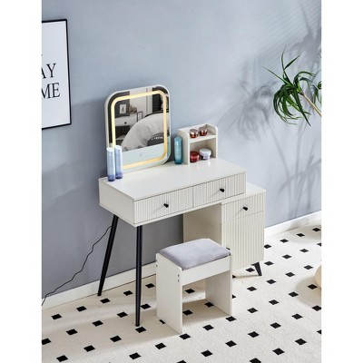 NicBex Apartment Vanity Desk with Movable Side Table & Square Mirror - Compact Makeup Set with 4 Drawers, USB Ports & Easy-Clean Surface