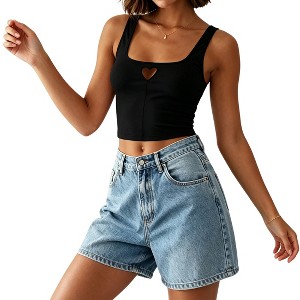 Womens Square Neck Sleeveless Heart Cutout Crop Tank Top Slim Fit