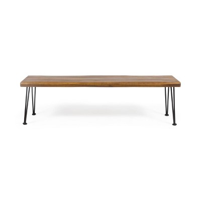 Zion Acacia Wood Modern Industrial Bench - Teak - Christopher Knight Home: Sturdy Iron Frame, Water-Resistant, Seats 3