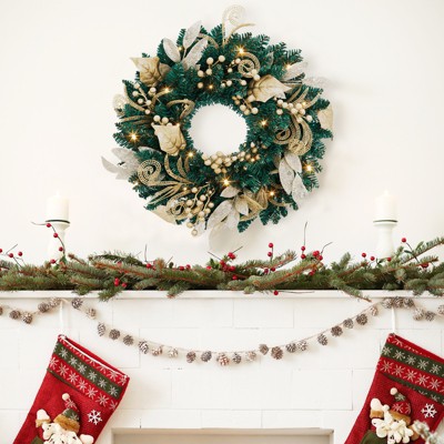 18 in Pre-Lit Christmas Wreath with LED Lights,  Gold Flowers and Berries for Front Door, Gold