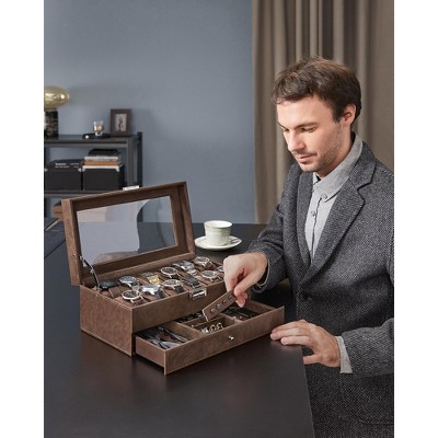 Brown Leather 12-Slot Watch Box with Glass Lid and Drawer
