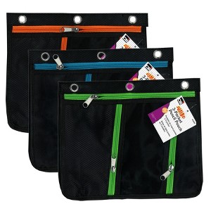 Charles Leonard 3 Pocket Pencil Pouch, Expanding to 1", 11"W x 9.5"H x 1"D - Assorted Colors, Pack of 3 - 1 of 3