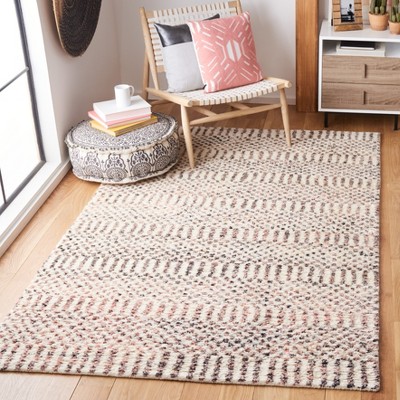 Ivory and Beige Hand-Knotted Wool Area Rug 8' x 10' with Aztec Print