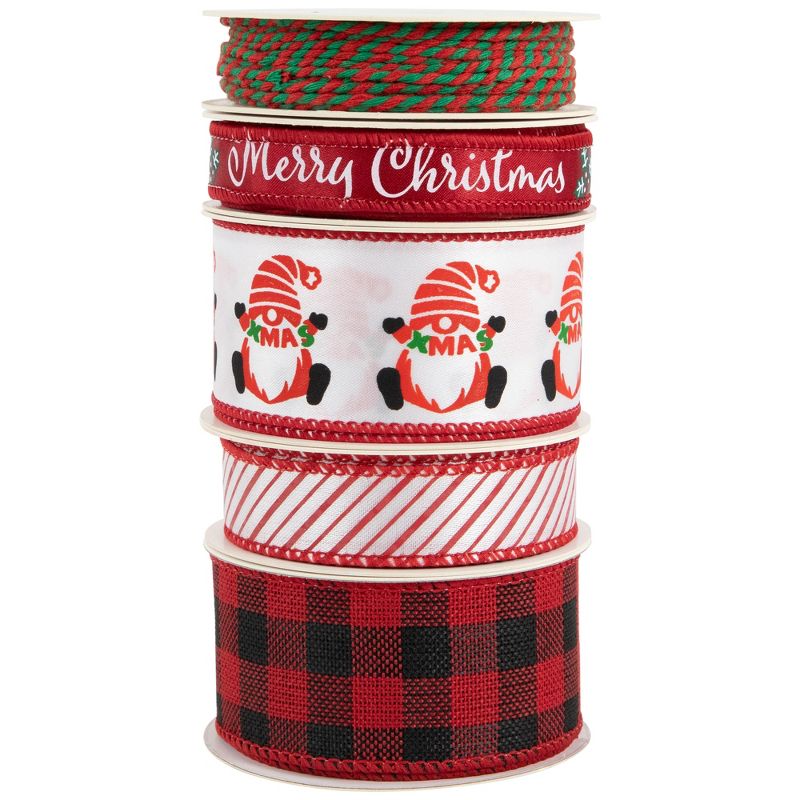 Northlight Set of 5 Santa Gnome Matching Themed Craft Christmas Ribbons 1.5" x 3 Yards, 5 of 6
