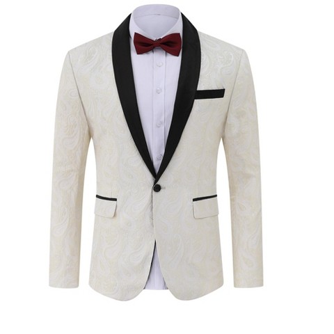 YesFashion Men's Paisley Tuxedo Jacket Shawl Lapel One Button Suit Jacket Floral Blazer for Dinner Wedding Prom Party White XXL