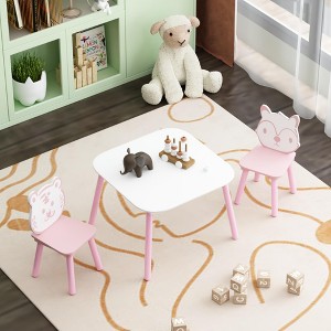 Kids Table and Chair Set, 3-Piece Wooden Toddler Desk with Animal Backrest, Activity Table for Drawing, Learning,Playroom or Nursery Pink&White - 1 of 4