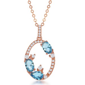 Bella Silver Sterling Silver, Open Oval with CZ Border with Blue CZs 18" Pendant Necklace - Rose Gold Plated - Rose - 1 of 2