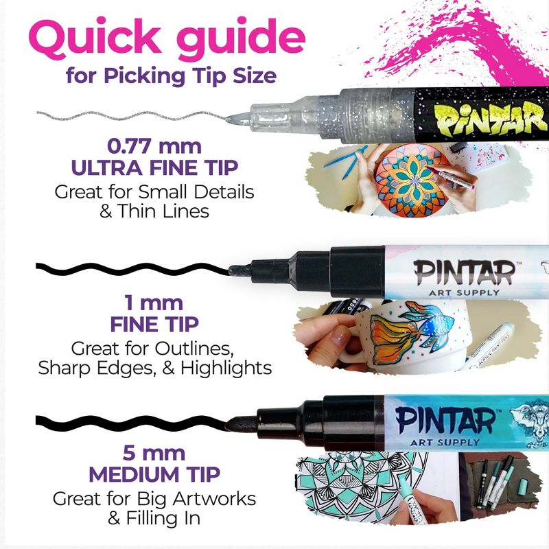 Pintar Acrylic Glitter Paint Pens - 0.7mm Ultra Fine Tips, 14 Vibrant, Glossy, Water-based Acrylic Paint Pens, Draw On Rocks, Glass, Ceramic, Plastic, 5 of 10