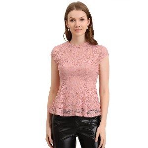 INSPIRE CHIC Women's Mock Neck Cap Sleeve Crochet Lace Peplum Blouse - 1 of 4
