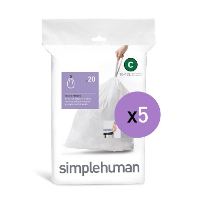 simplehuman 10-12L 100ct Code C Custom Fit Trash Can Liner White
