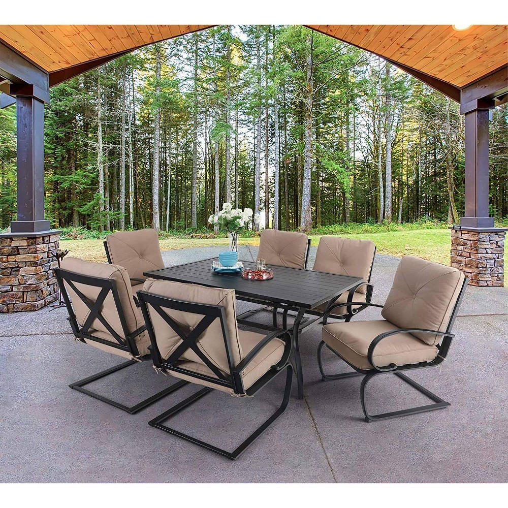 7pc Patio Dining Set with Rectangular Table with Umbrella Hole & Spring Motion Chairs Beige Captiva Designs