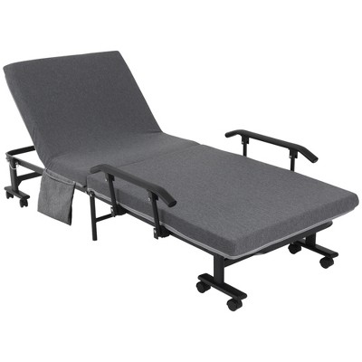 HOMCOM Rollaway Bed, Folding Bed with 3.25" Mattress, Portable Foldable Guest Bed with Adjustable Backrest, and Metal Frame on Wheels, Dark Gray