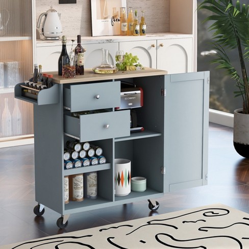 Gray Blue Rolling Mobile Kitchen Island with Solid Wood Top and Lockin