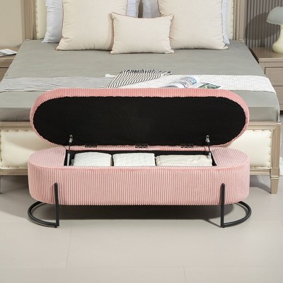 CAVINAS Modern Pull-Open Top Ottoman Bench with Metal Legs,Corduroy Oval Storage Ottoman for Living Room