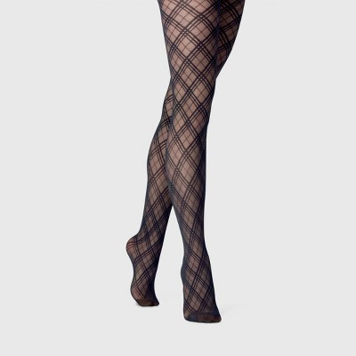 Women's Bias Plaid Tights - A New Day™ Black S/M