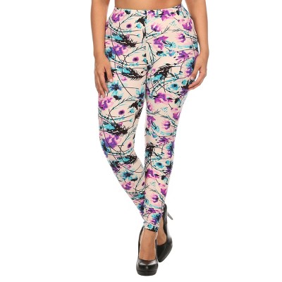 Slickblue Women's Plus Size Floral Print Leggings, Blue/Purple Full Length, Slim Fit, High Waist, Soft Stretch Fabric