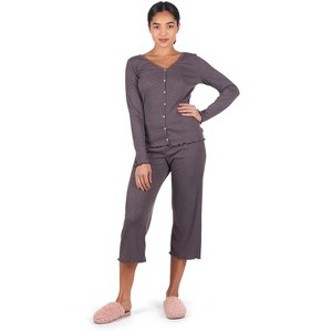 Memoi Women's Ruffled Lettuce Edge Rib Long Sleeve and Capri Set - 1 of 4