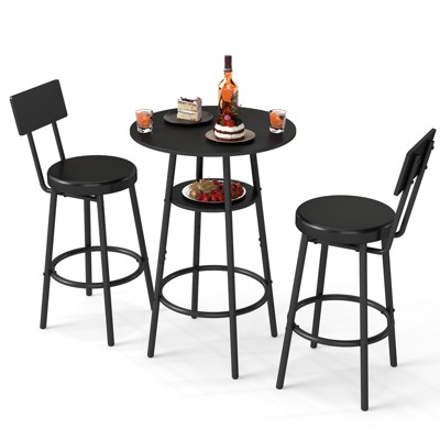 Zevemomo 3 Pieces Round Bar Table Set, Small Dining Table for 2, with Storage,2 Thickened Cushion Stools with Backrest for Dining Room & Bistro-Black