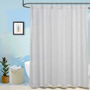 180GSM Polyester Linen Transparent White Cross Weave Shower Curtain with Tassels on Both Sides, Waterproof, Includes Hooks, PEVA Material - 1 of 4