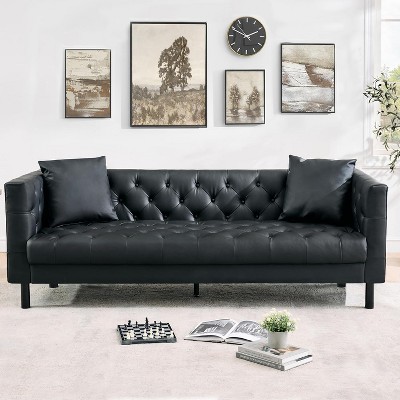 78" Leather Couch, Handmade Button Tufted 3 Seater Sofa, Chesterfield Sofa with Deep Seat and 2 Pillows, Leather Sofa for Apartment, Office, Black