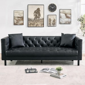 78" Leather Couch, Handmade Button Tufted 3 Seater Sofa, Chesterfield Sofa with Deep Seat and 2 Pillows, Leather Sofa for Apartment, Office, Black - 1 of 4