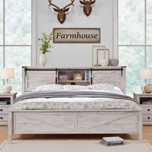 SinCiDo Farmhouse Bed Frame,w/Charging Station, Storage Bookcase Headboard,Sliding Barn Door,No Box Spring Needed, w/Wood Slats Support - 1 of 4