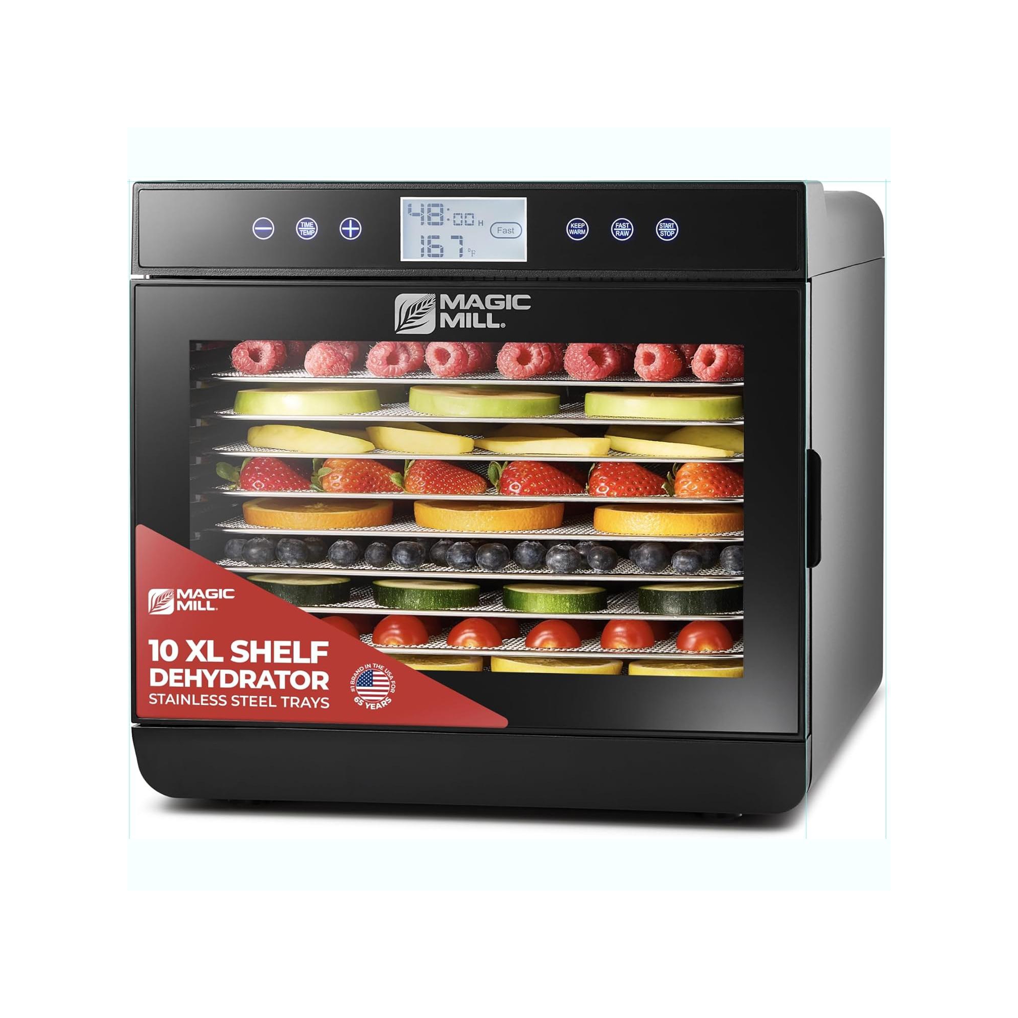 Magic Mill Premium Food Dehydrator, 10 XL Stainless Steel Trays, 700W, 48-Hour Timer