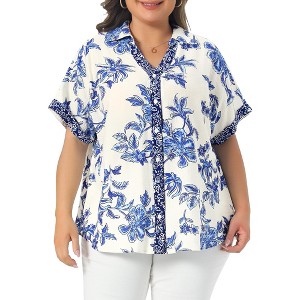 Women's Plus Size Floral Print Button Down Collared V Neck Roll Short Sleeve Elegant Summer Shirts - Agnes Orinda - 1 of 4