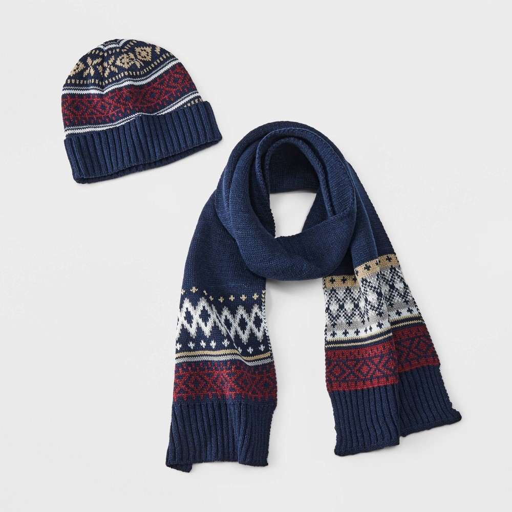 Men's Striped Scarf and Beanie Set - Goodfellow & Co™ Navy Blue