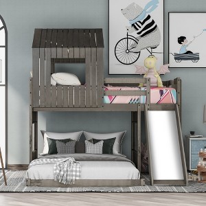 Twin Over Full Wooden Bunk Bed with Slide, Playhouse Design, Convertible Frame, Ladder, Slats Included - 1 of 4