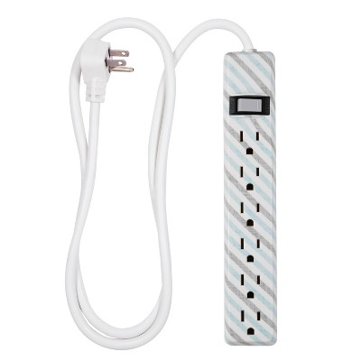 GE General Purpose 6-Outlet Power Strip with 4ft Extension Cord, Striped Design, White, Gray and Mint