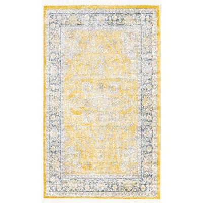 Yellow and Gray Rectangular Synthetic Easy Care Area Rug